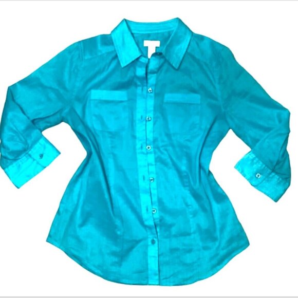 Chico's Button Up Top 3/4 Sleeve Ramie Cotton 0(S/4) Turquoise #144J - Picture 5 of 7